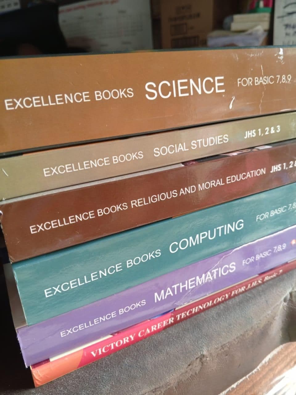 A stack of textbooks covering science, social studies, computing, mathematics and other subjects
